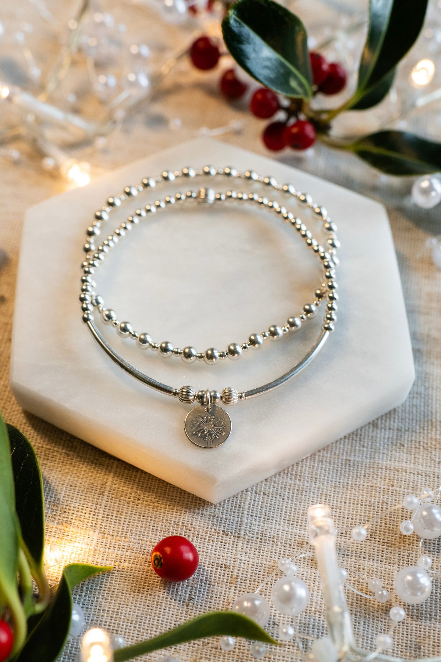 Birth Flower Bracelet Stack - Sterling Silver Gift Set