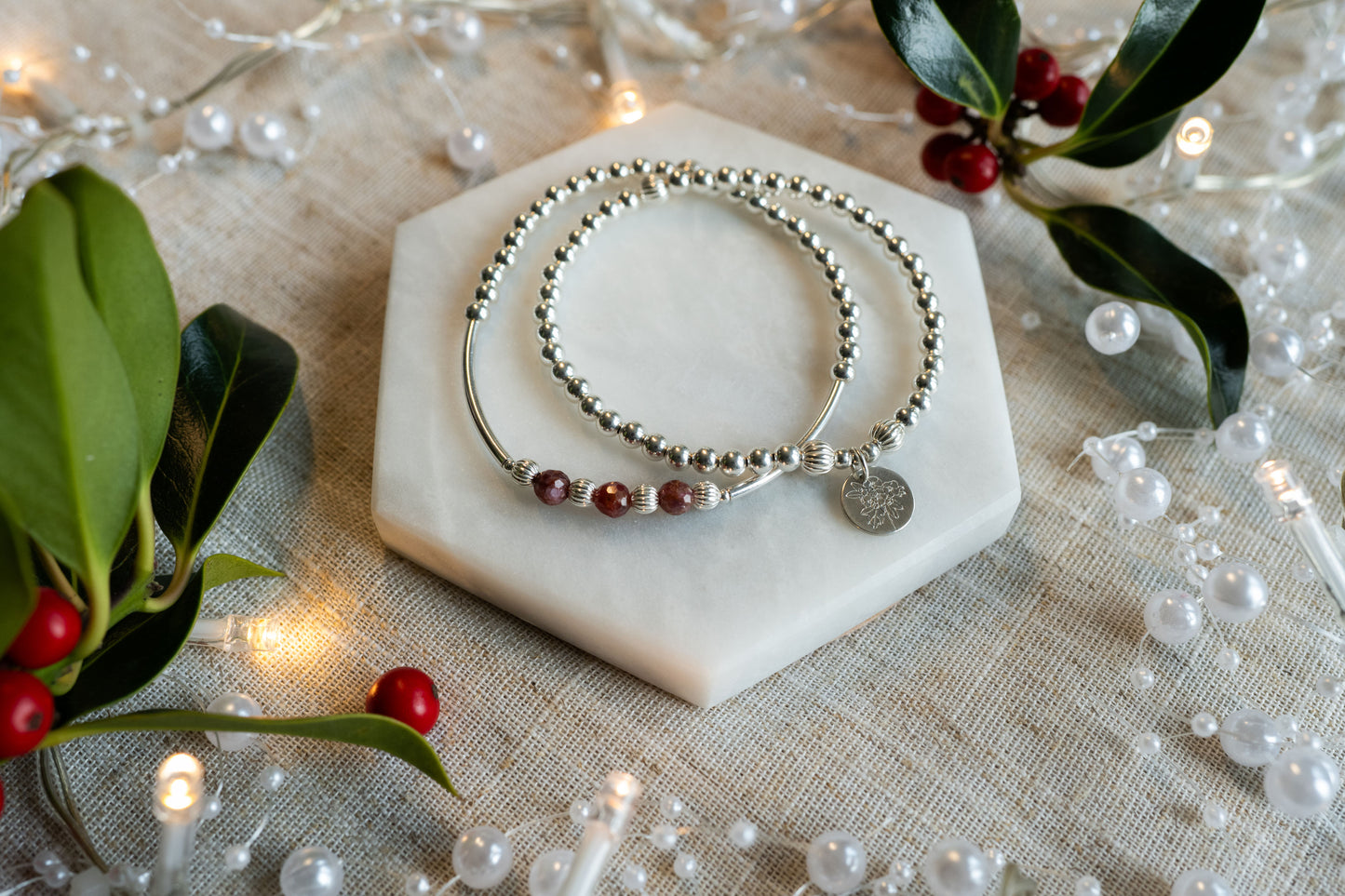 Birth Flower & Birthstone Bracelet Stack - Sterling Silver Gift Set