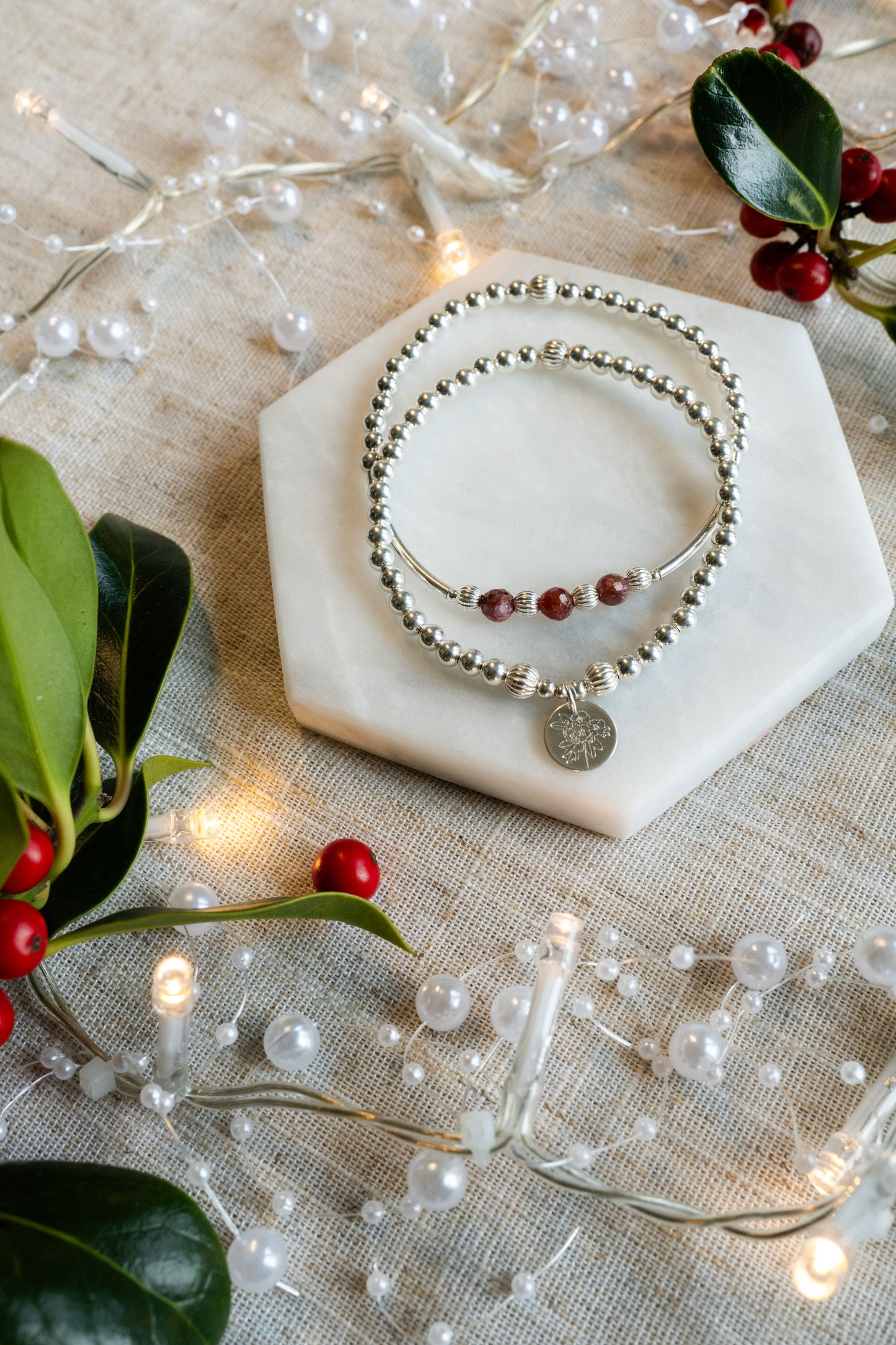 Birth Month Flower Beaded Bracelet - Sterling Silver