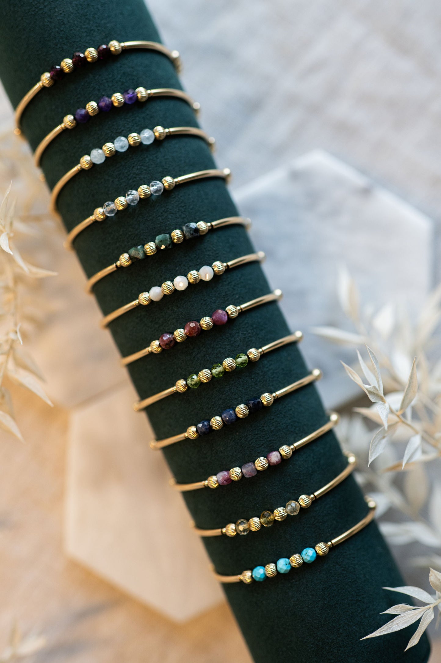 Birth Flower & Birthstone Bracelet Stack - Sterling Silver Gift Set