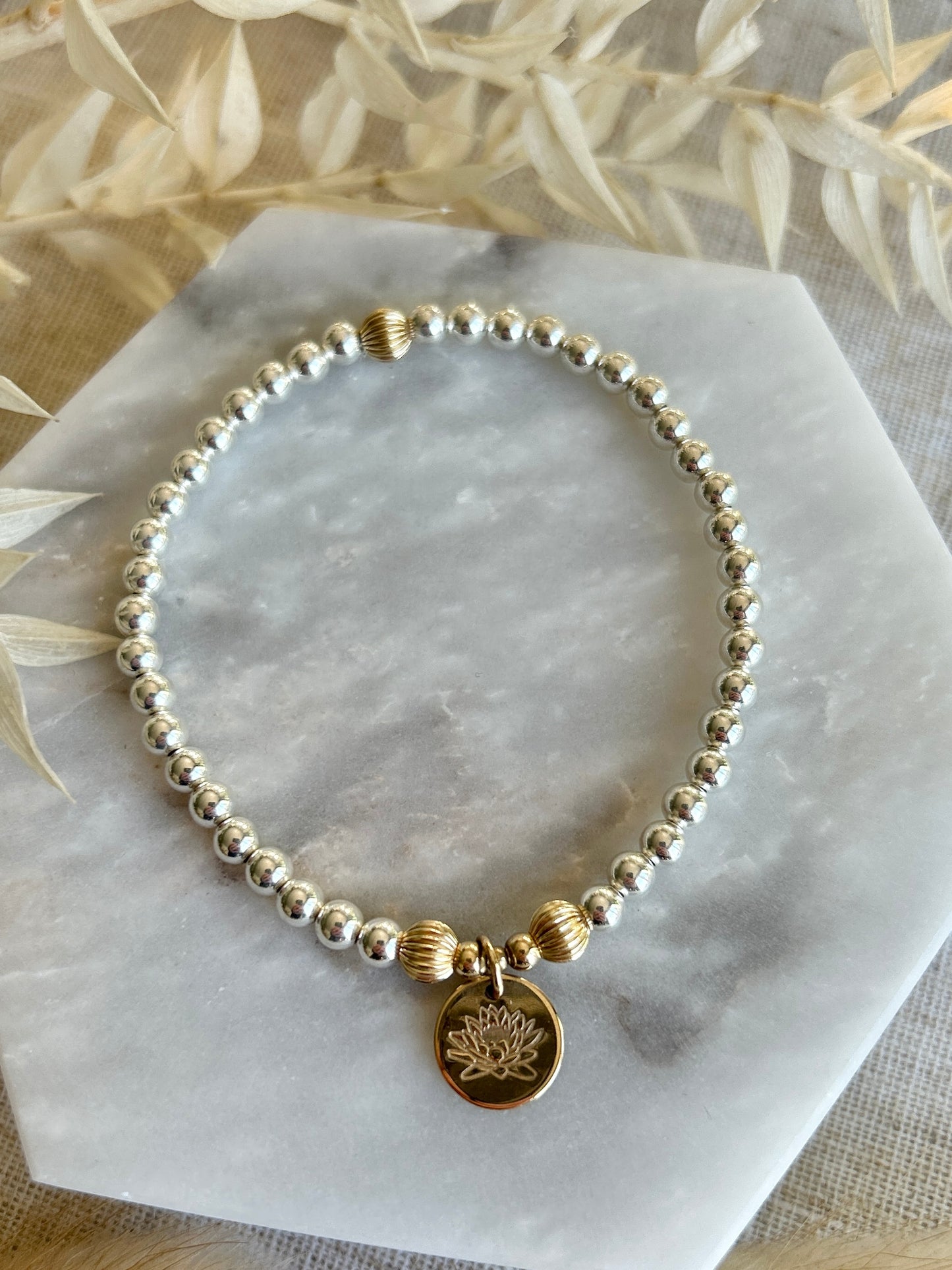 Birth Month Flower Beaded Bracelet - Mix Metal