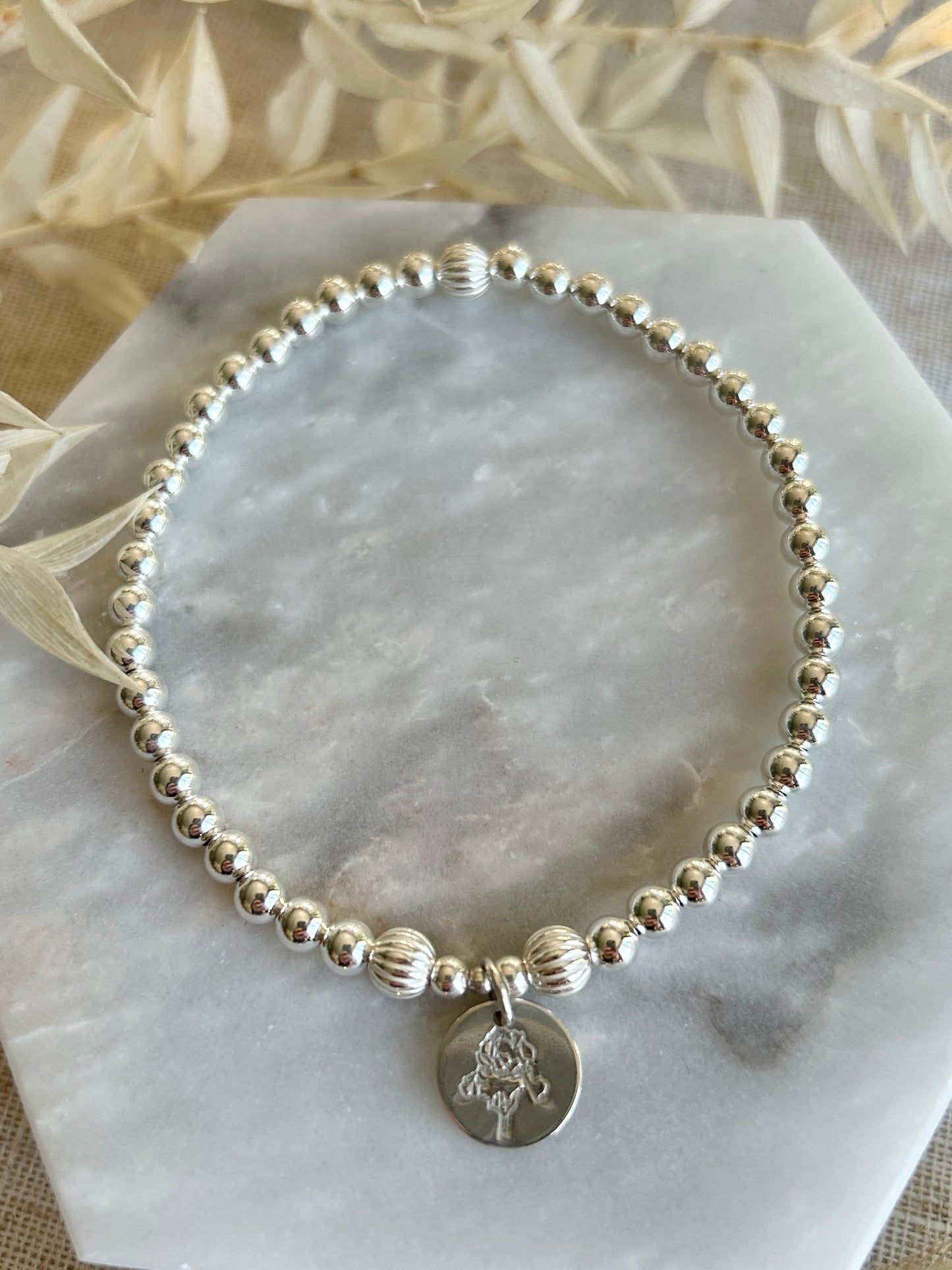 Birth Month Flower Beaded Bracelet - Sterling Silver