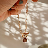 Gold Filled Paperclip necklace chain with toggle clasp, with birth flower pendant