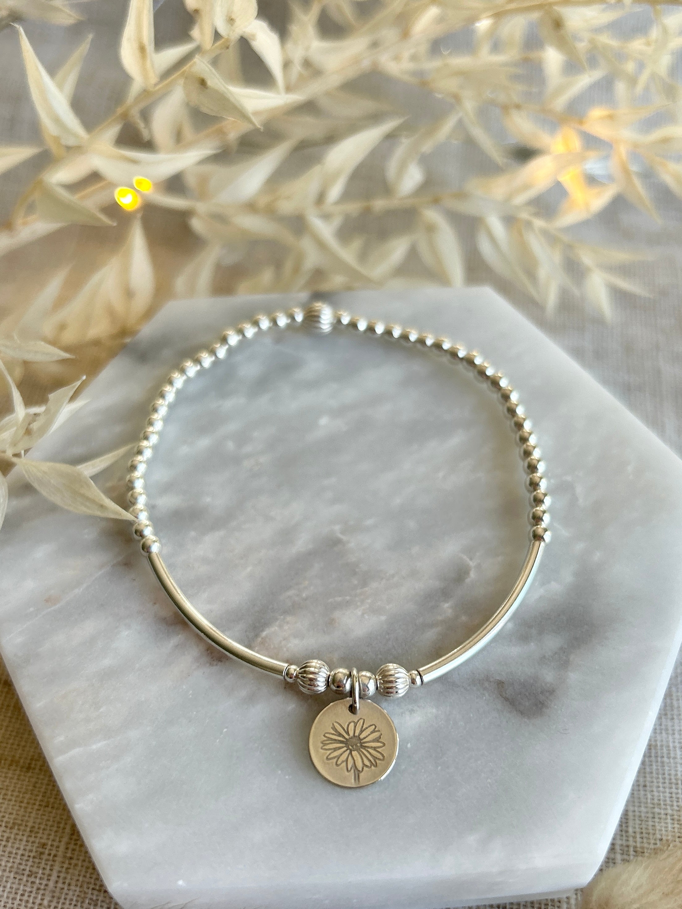 Sterling Silver Beaded Bracelet with Birth Month Flower Pendant