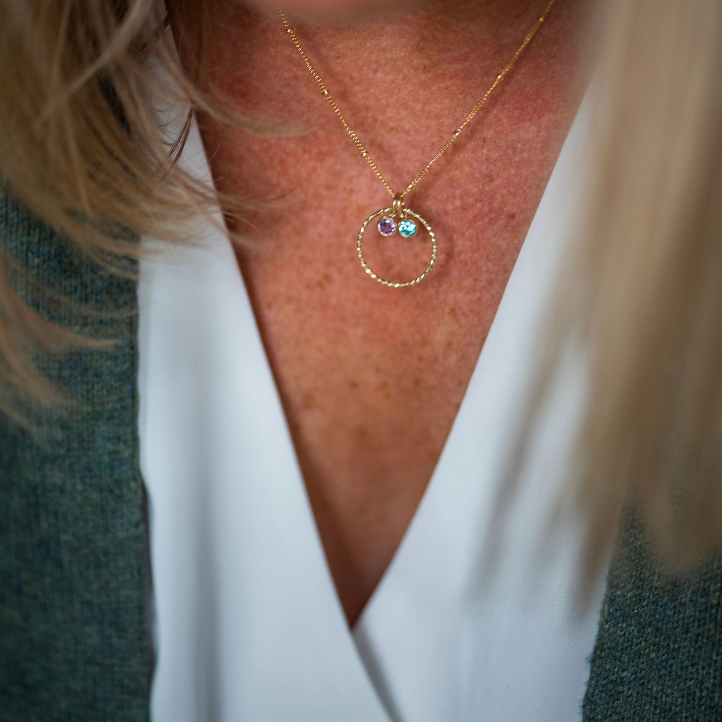 Birthstone necklace with June and December Birthstone on a gold filled knotted chain
