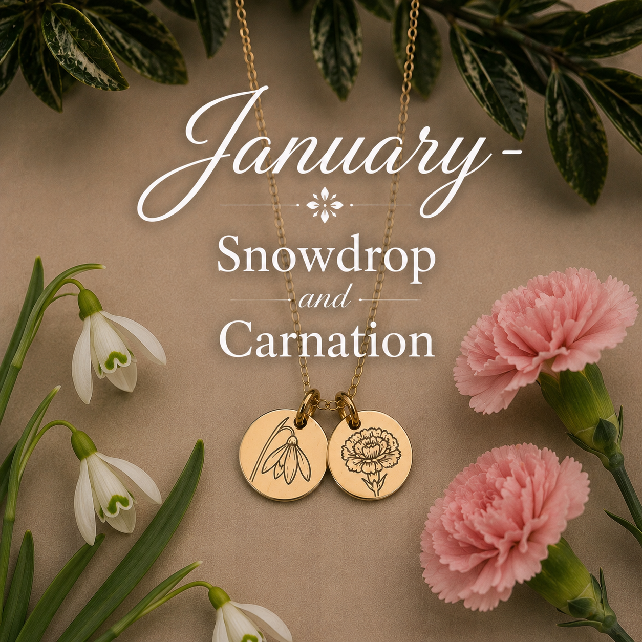 January Birth flower jewellery, snowdrop and carnation