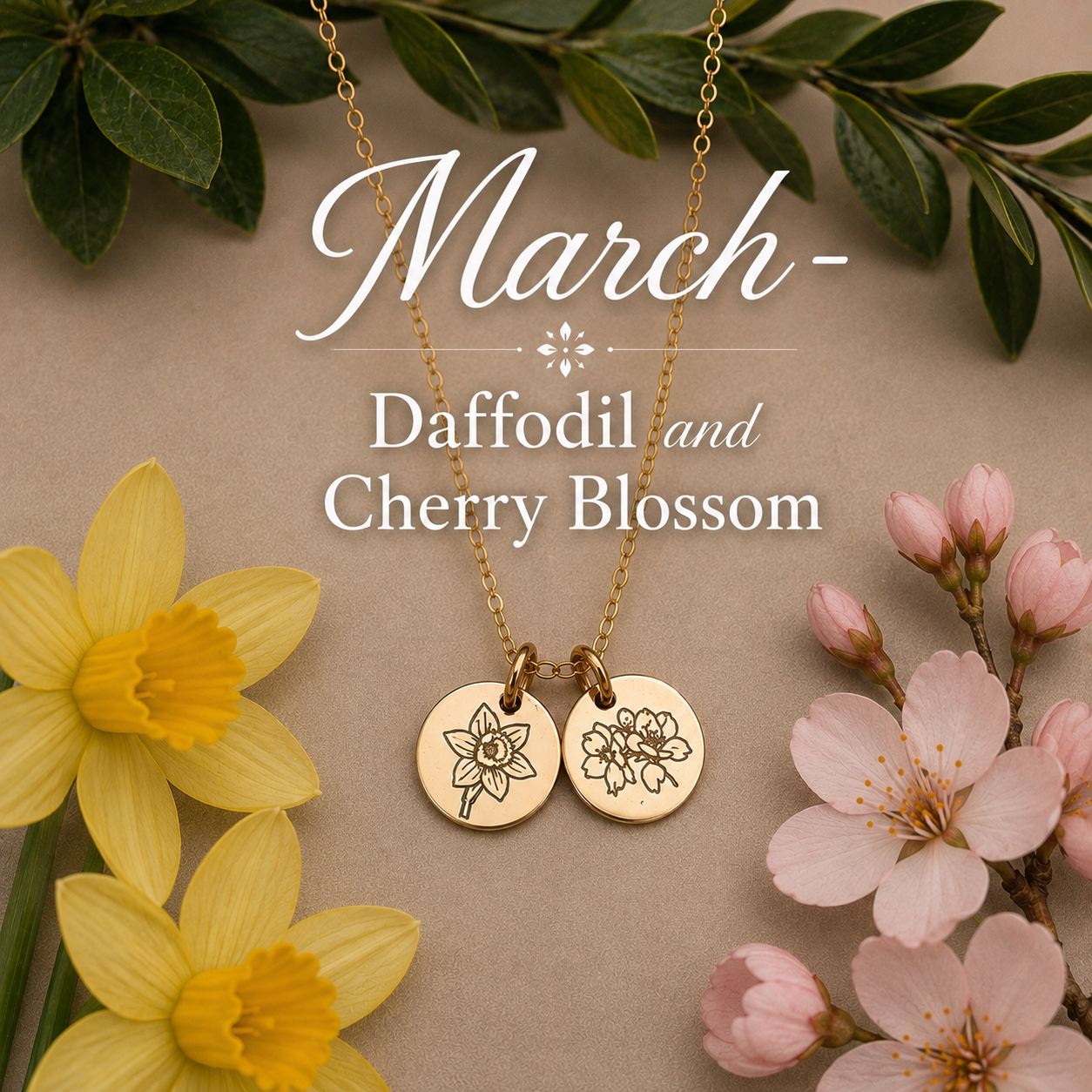 Hand stamped March birth flower jewellery 