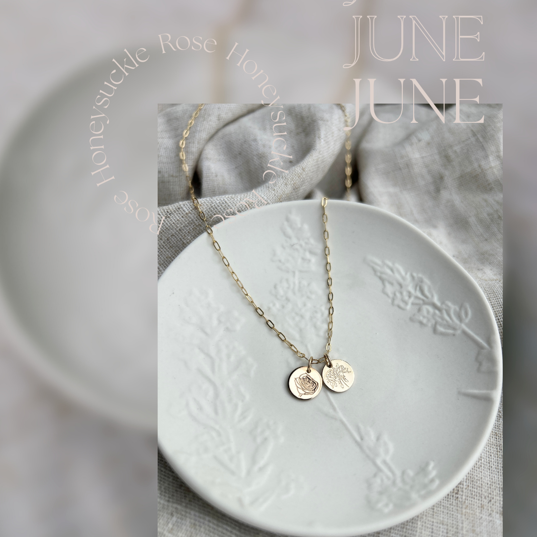 “June birth flower necklace with rose and honeysuckle pendants in gold filled”