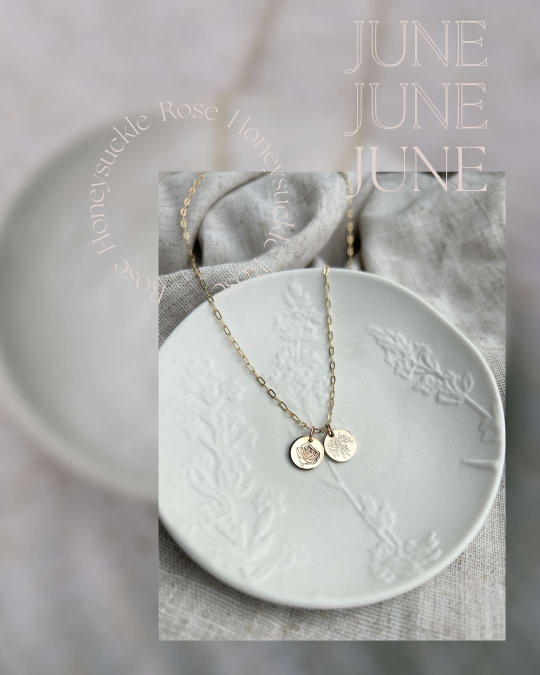 “June birth flower necklace with rose and honeysuckle pendants in gold filled”