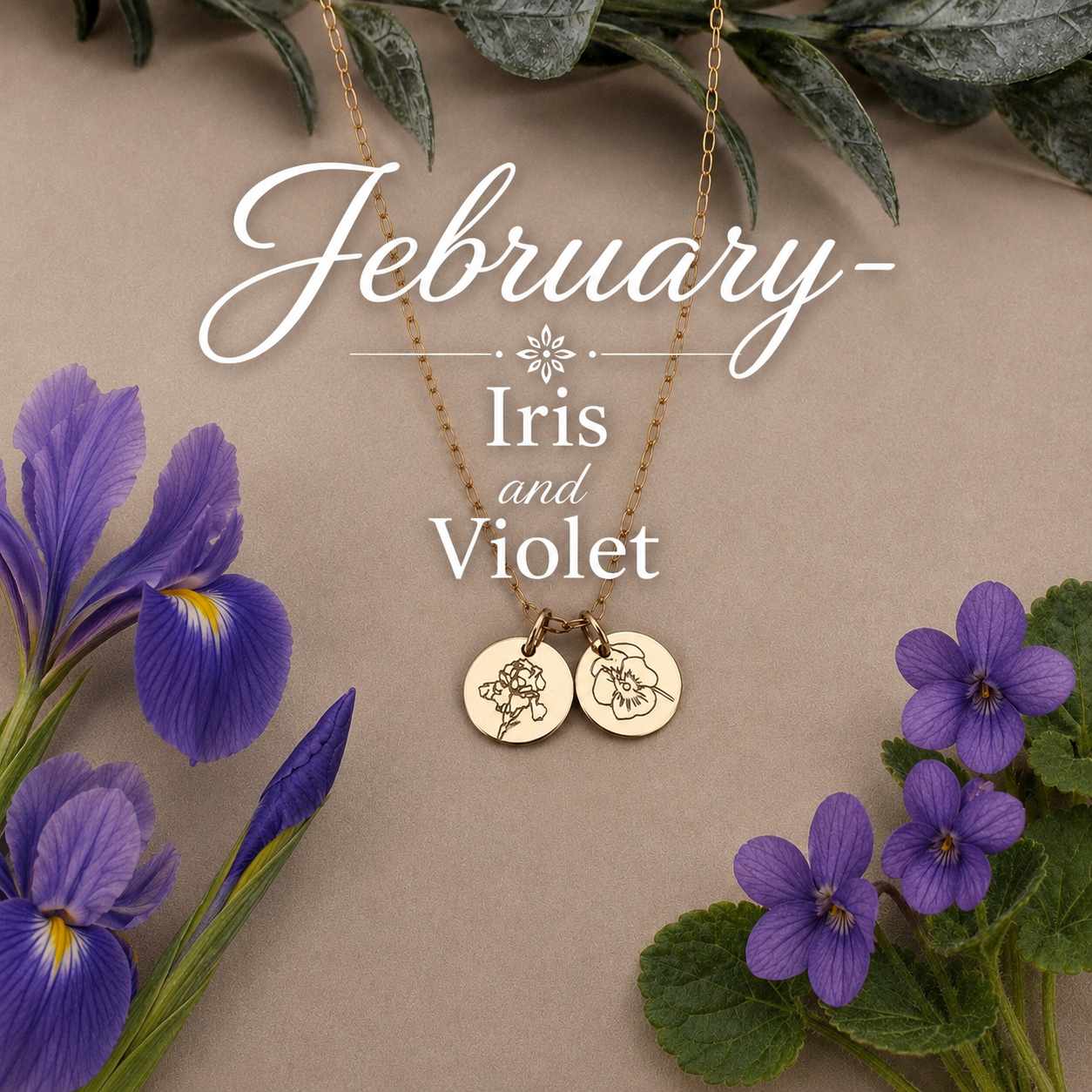 February birth flower jewellery, iris and violet