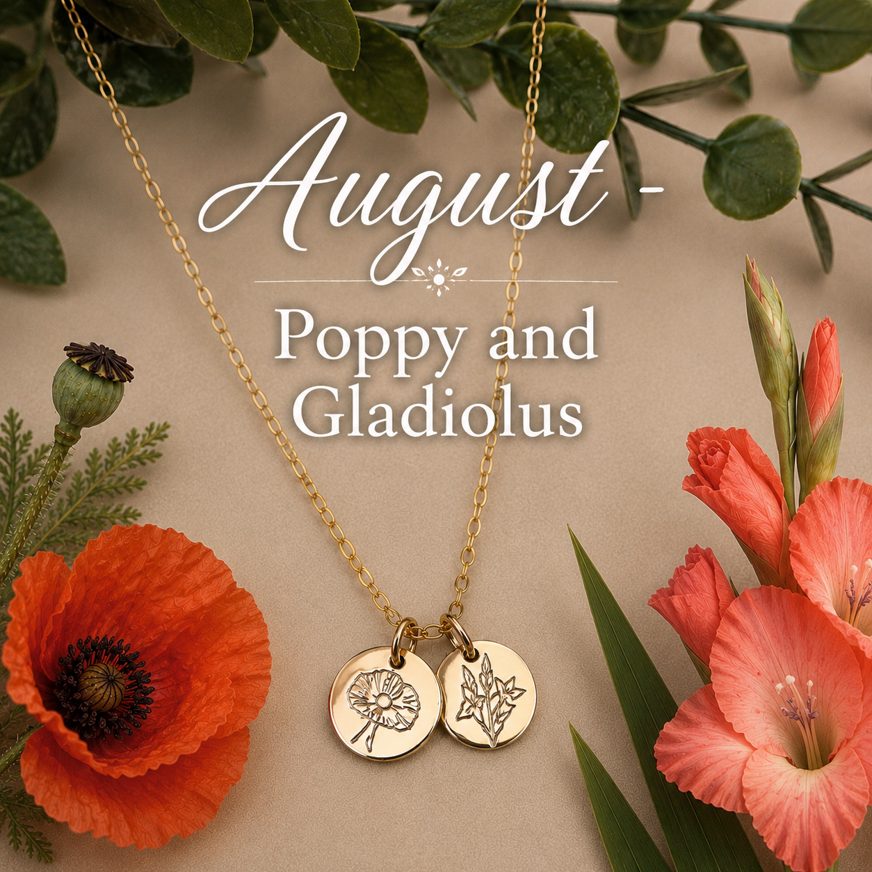 August birth flowers poppy and gladiolus jewellery