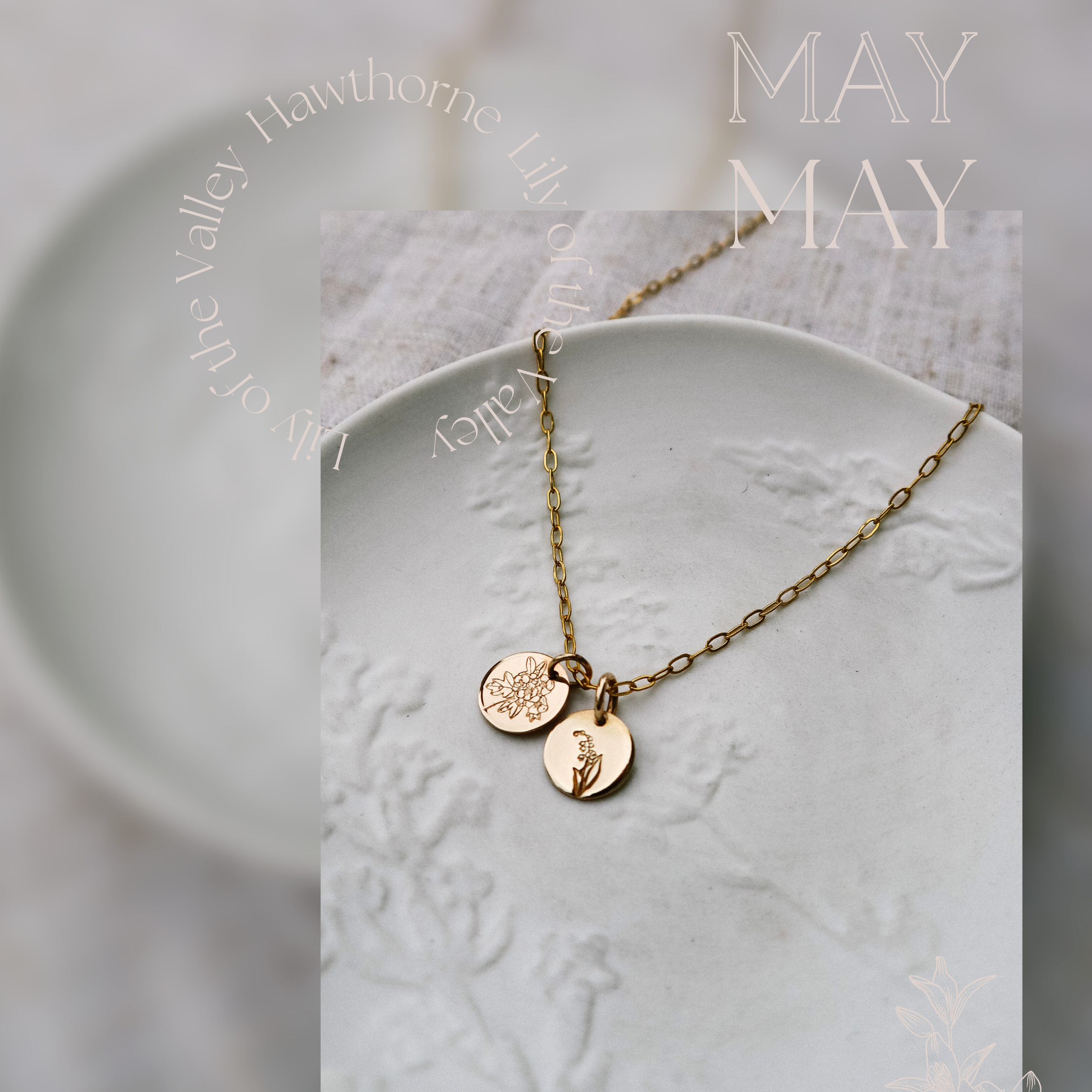 May birth flower necklace with lily of the valley and hawthorn pendants in gold filled