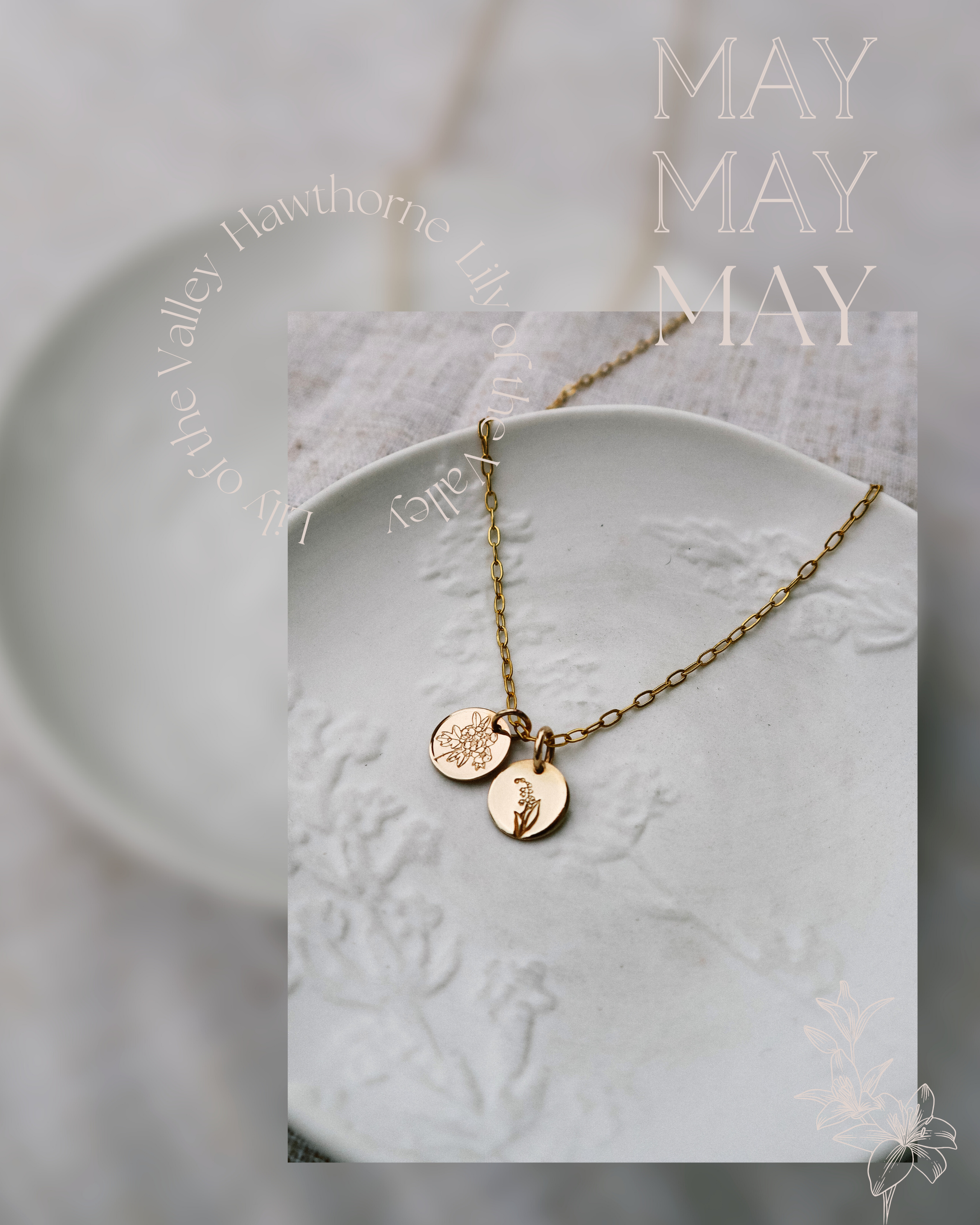 May birth flower necklace with lily of the valley and hawthorn pendants in gold filled