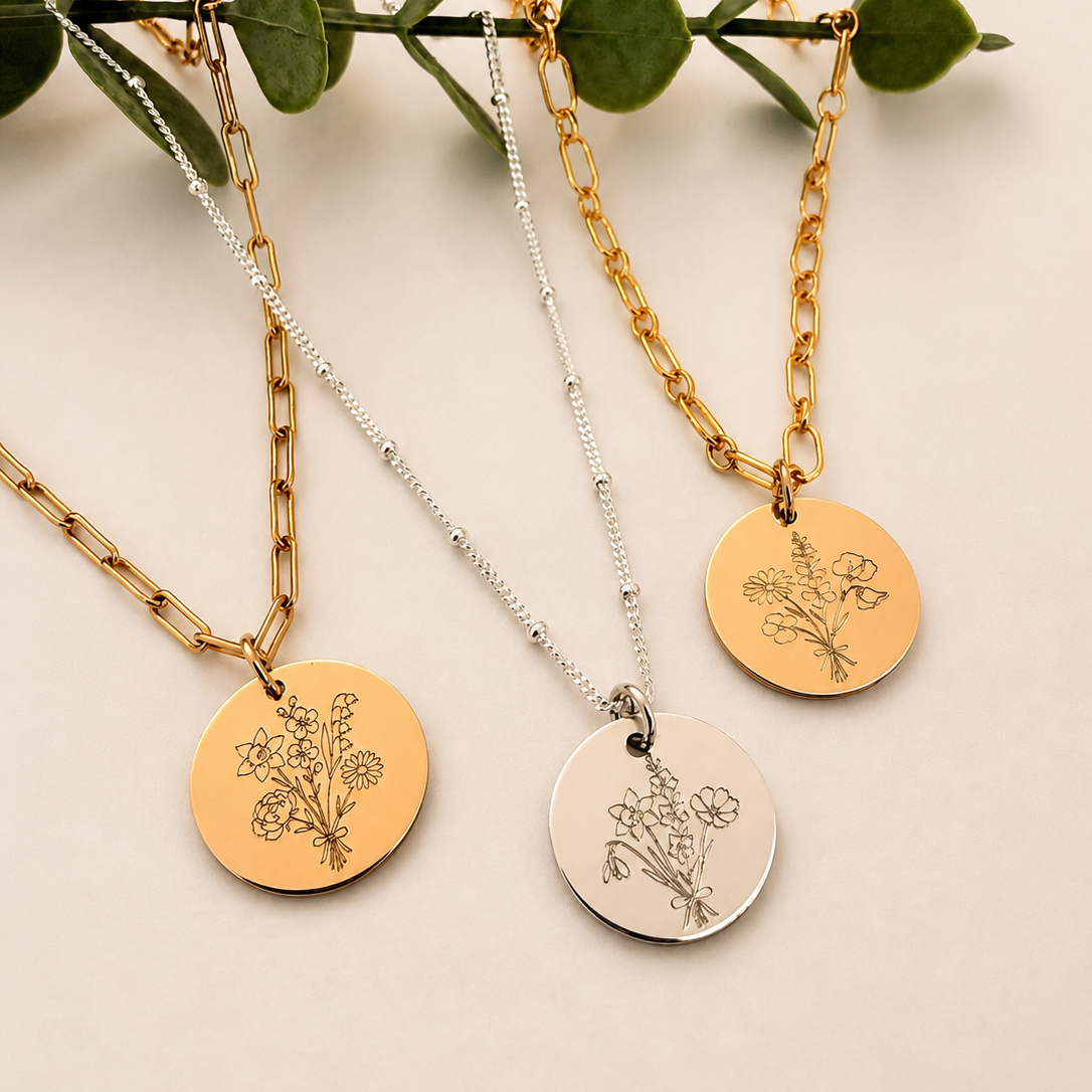 Engraved family birth flower bouquet pendants on paperclip, satellite and figaro chains in gold filled and sterling silver
