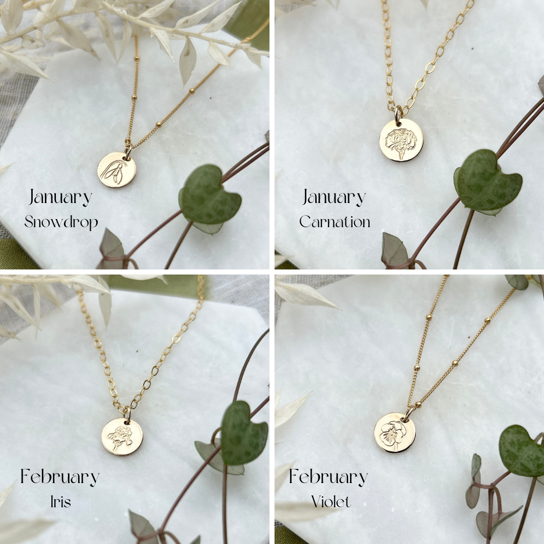 Birth flower jewellery - Snowdrop necklace, Carnation Necklace, Iris Necklace, Violet necklace, botanical jewellery