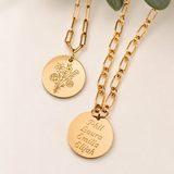 Gold filled engraved family birth flower bouquet with peony, daffodil, cherry blossom, lily of the valley and daisy. Engraved names on the reverse of charm