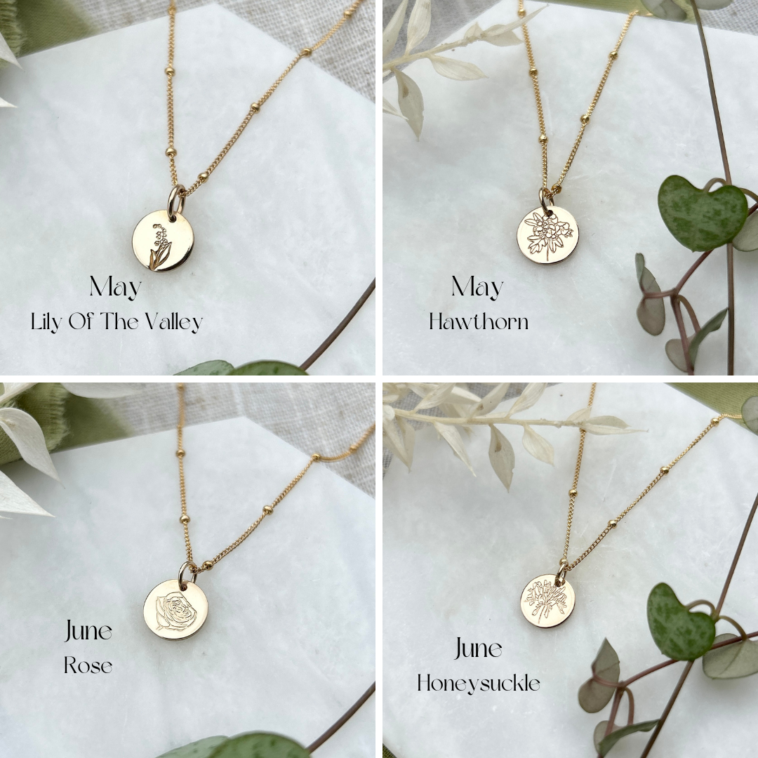 botanical jewellery, lily of the valley, hawthorn, rose, honeysuckle