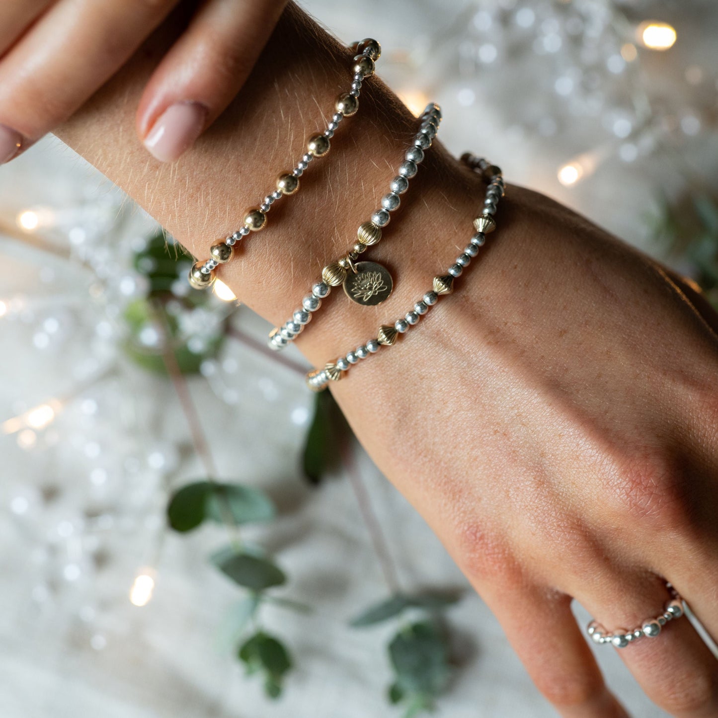 Birth Month Flower Beaded Bracelet - Mix Metal