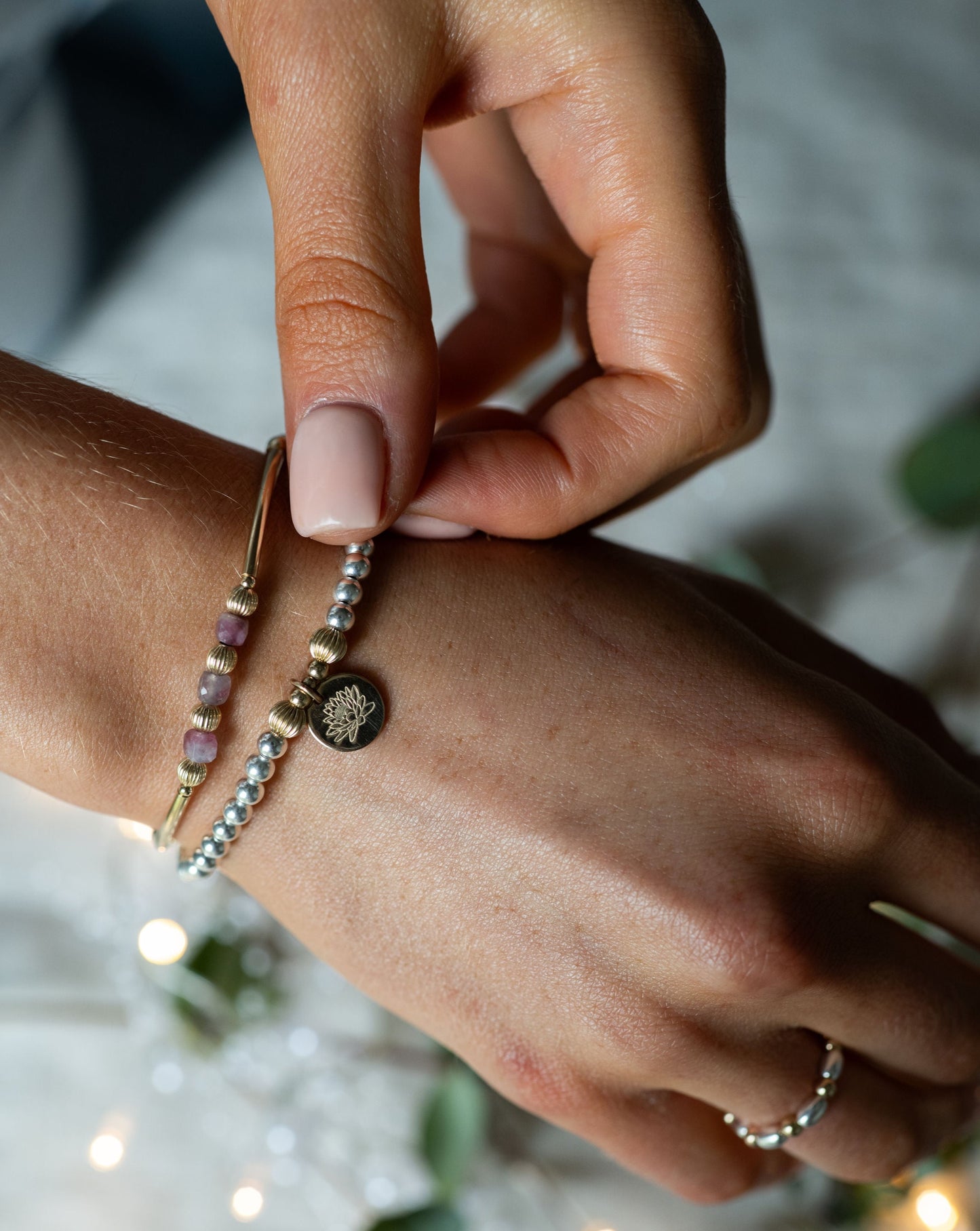 Birth Month Flower Beaded Bracelet - Mix Metal