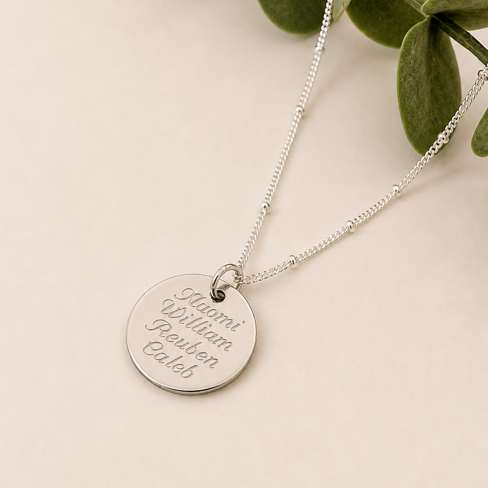Sterling silver engraved name pendant on a satellite chain