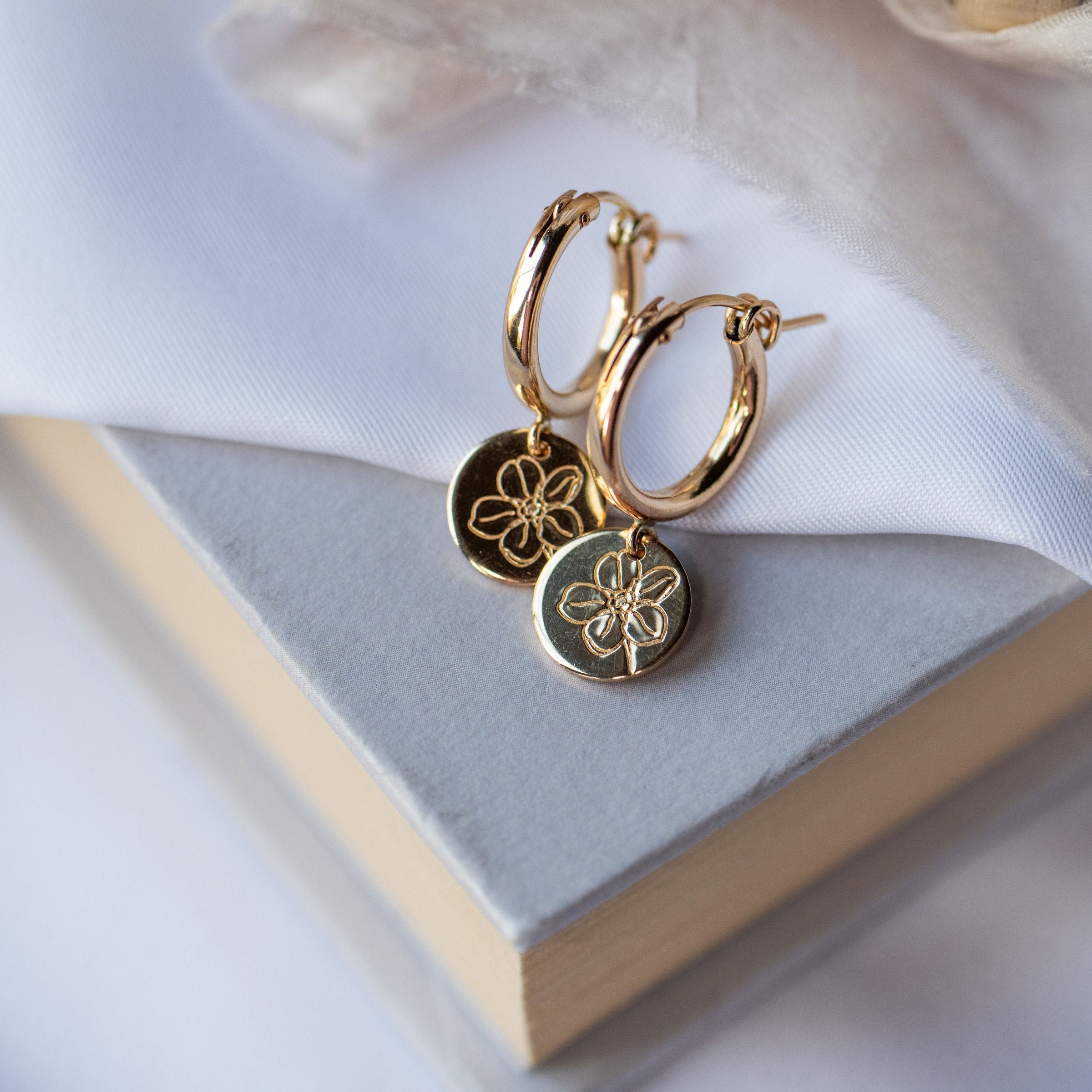 Forget me not gold filled huggie earrings — memorial jewellery by Rebecca May Jewellery