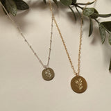 Hand-drawn engraved Forget Me Not floral pendant in sterling silver and gold filled