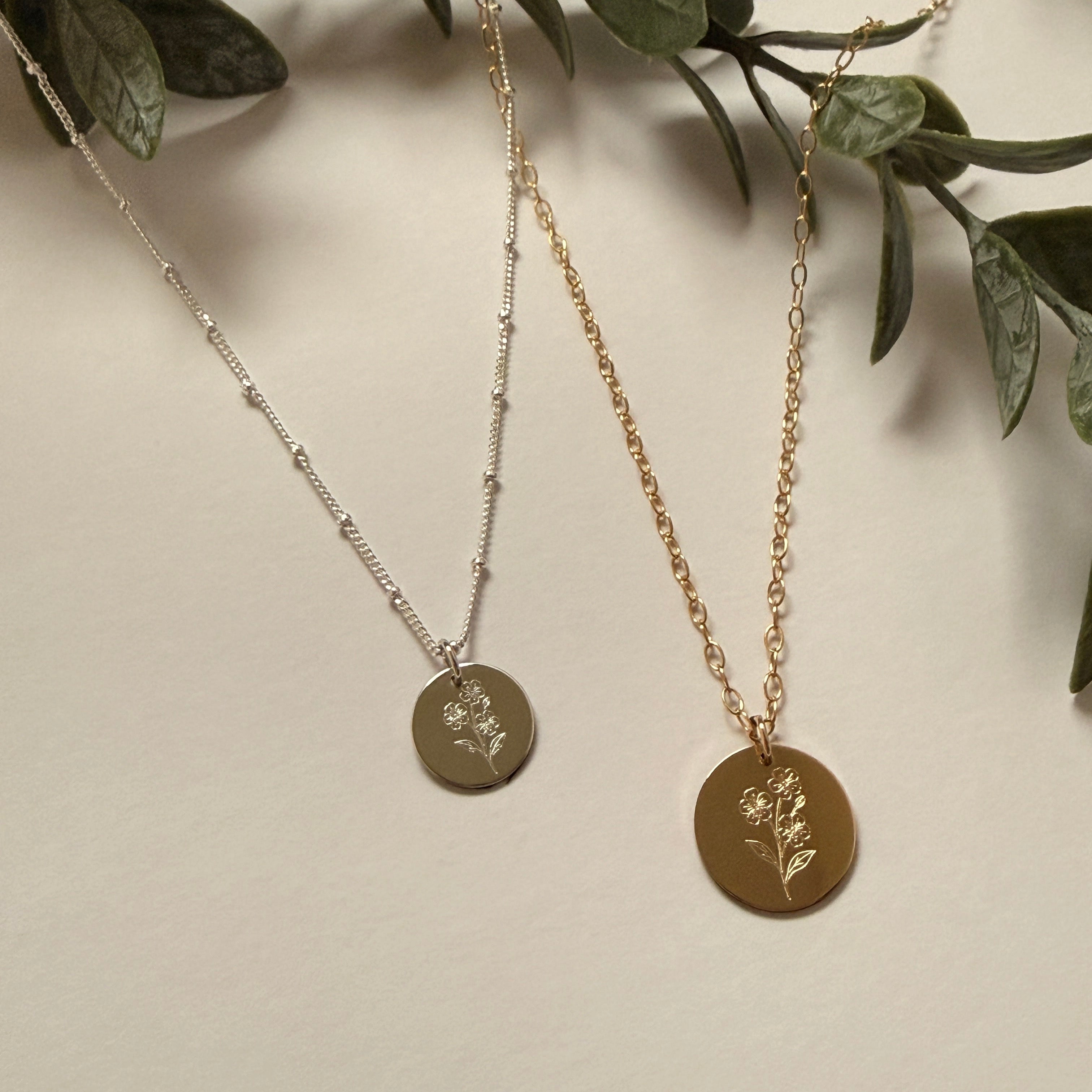 Hand-drawn engraved Forget Me Not floral pendant in sterling silver and gold filled