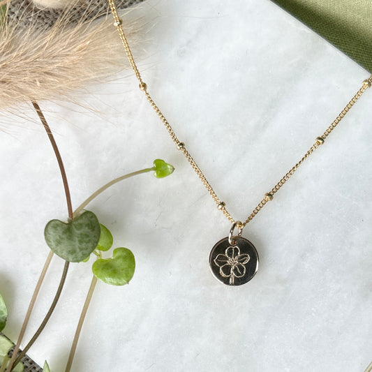 Hand Stamped Forget-me-not necklace pendent, gold, gold-filled necklace, botanical jewellery, flower jewellery