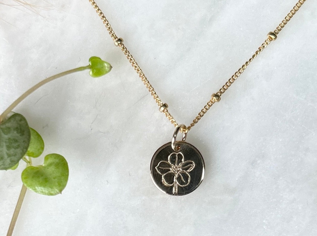 Hand Stamped Forget-me-not necklace pendent, gold, gold-filled necklace, botanical jewellery, flower jewellery