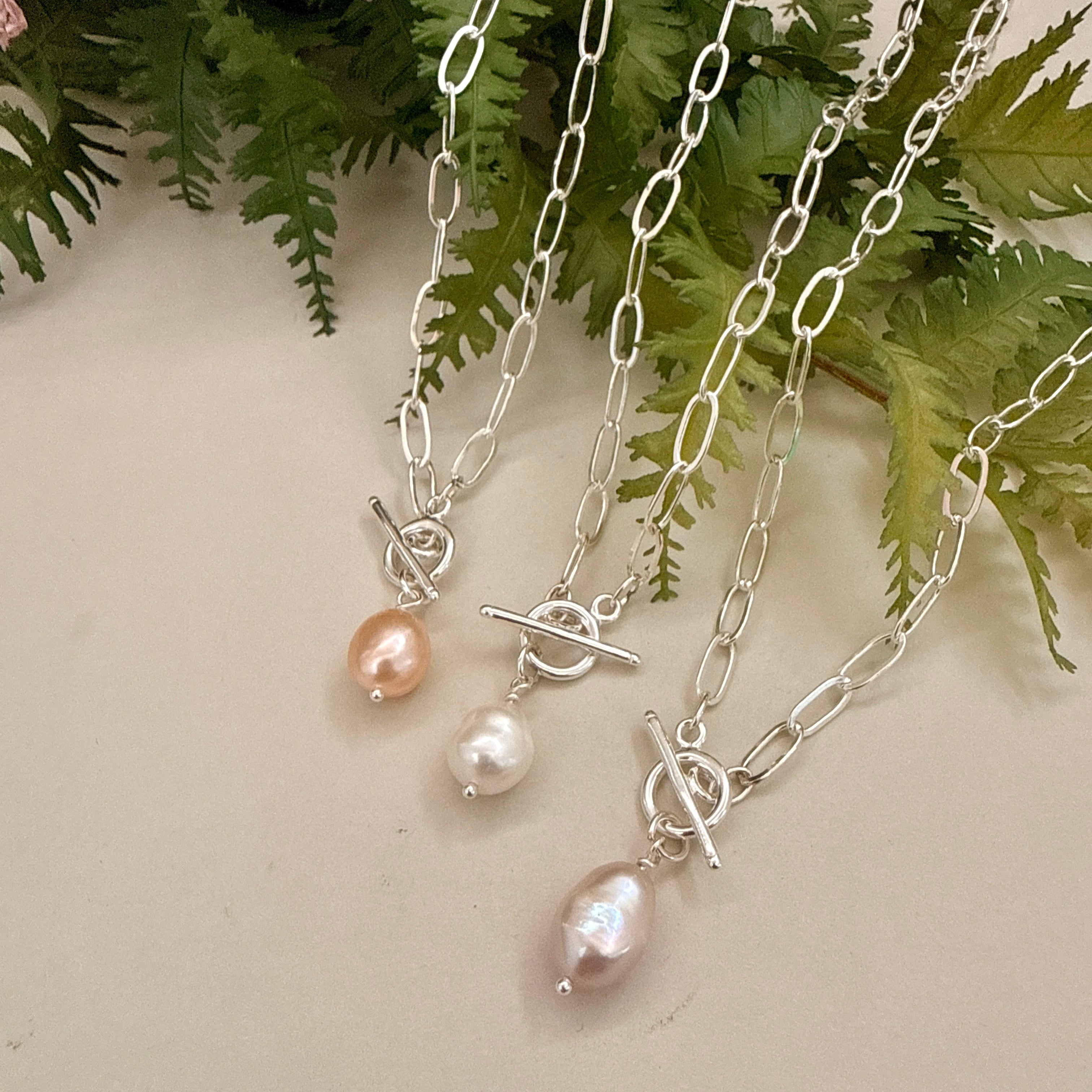 Sterling silver toggle clasp paperclip chain with a pearl drop pendant