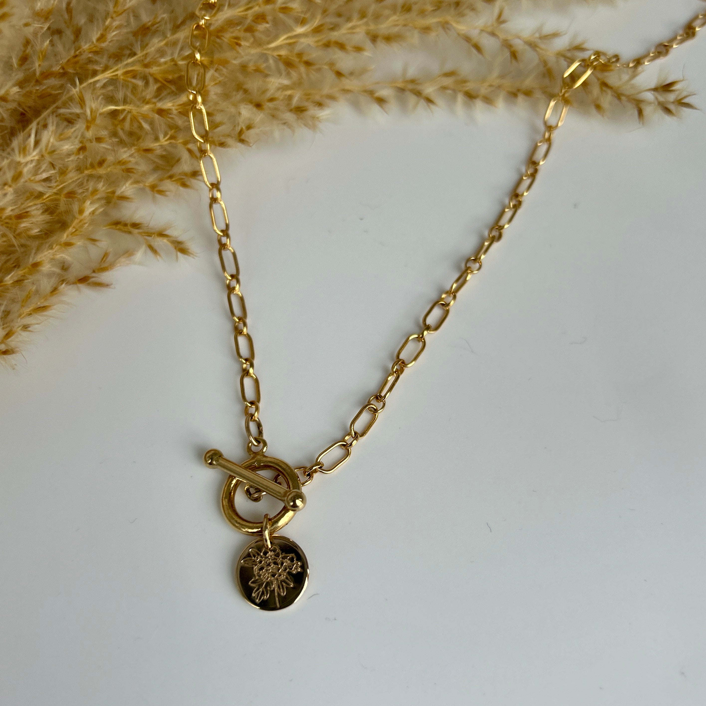 Toggle clasp gold filled necklace with birth flower pendant , hawthorn flower 