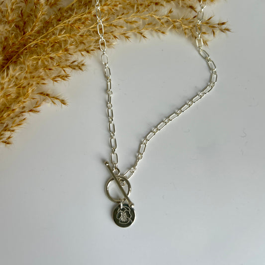 Toggle clasp sterling silver necklace with birth flower pendant , hawthorn flower