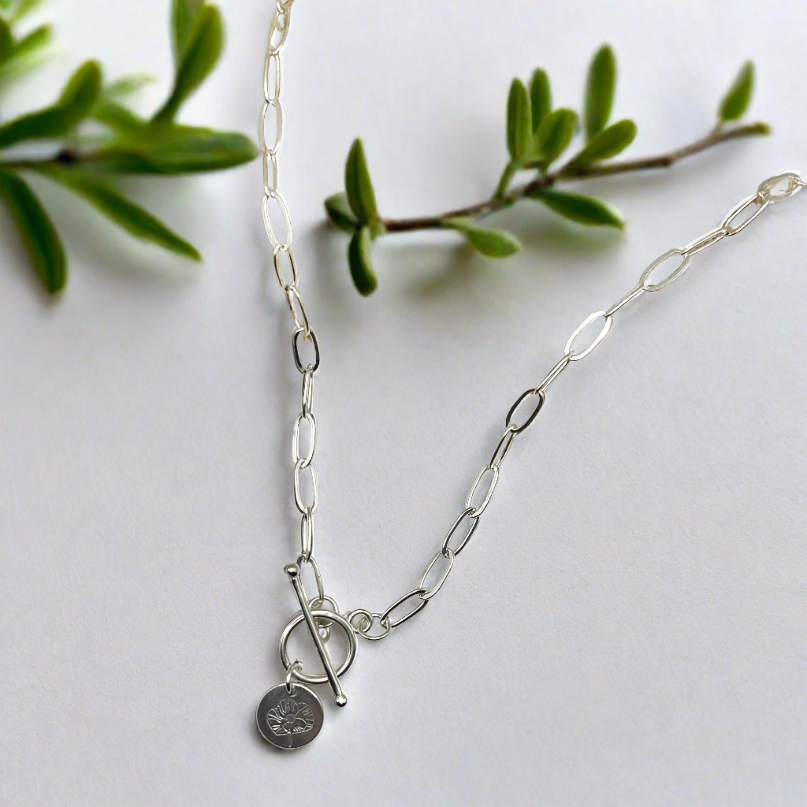 Sterling  Silver Paperclip necklace chain with toggle clasp, with birth flower pendant