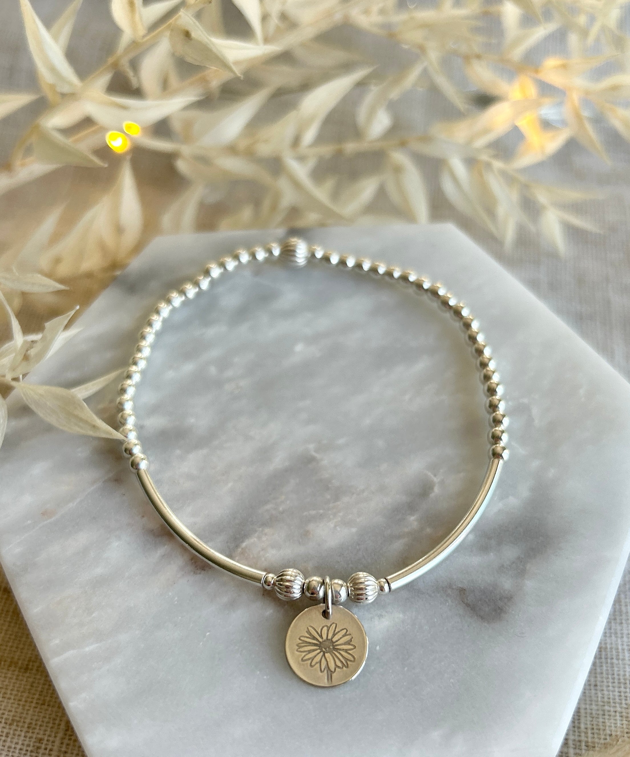 Sterling Silver Beaded Bracelet with Birth Month Flower Pendant