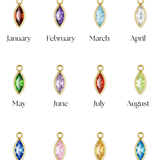 Jewelry chart with gemstones for each month, displayed on a white background.